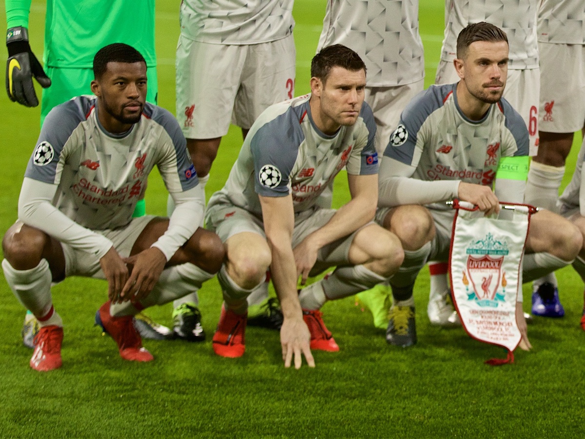 MUNICH, GERMANY - Wednesday, March 13, 2019: Liverpool's players line-up for a team group photograph before the UEFA Champions League Round of 16 2nd Leg match between FC Bayern München and Liverpool FC at the Allianz Arena. Back row L-R: : goalkeeper Alisson Becker, Joel Matip, Roberto Firmino, Trent Alexander-Arnold, Virgil van Dijk, Mohamed Salah. Front row L-R: Georginio Wijnaldum, James Milner, captain Jordan Henderson, Andy Robertson, Said Mane. (Pic by David Rawcliffe/Propaganda)