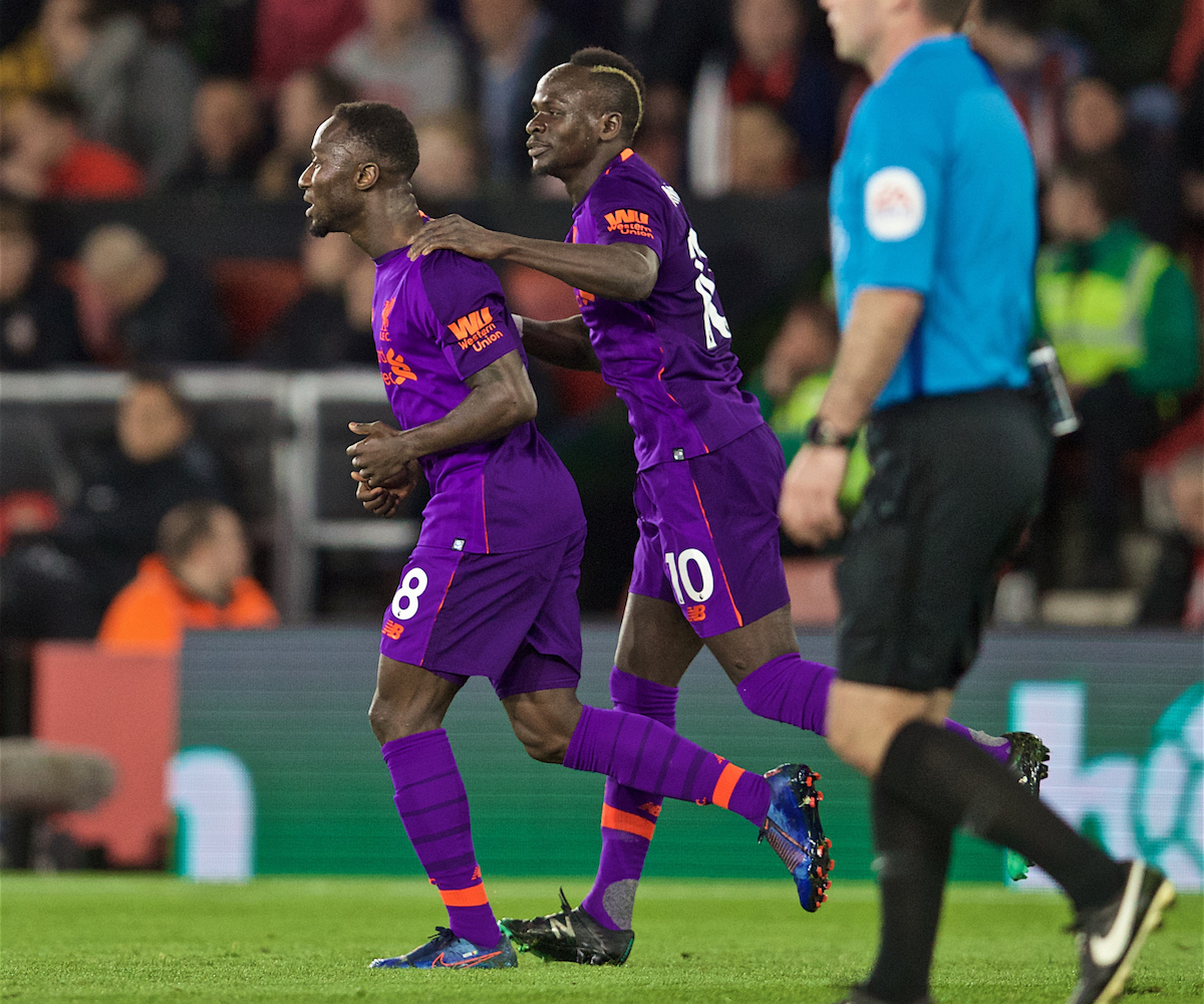 SOUTHAMPTON, ENGLAND - Friday, April 5, 2019: Liverpool's Naby Keita celebrates scoring the first equalising goal with team-mate Sadio Mane during the FA Premier League match between Southampton FC and Liverpool FC at the St. Mary's Stadium. (Pic by David Rawcliffe/Propaganda)