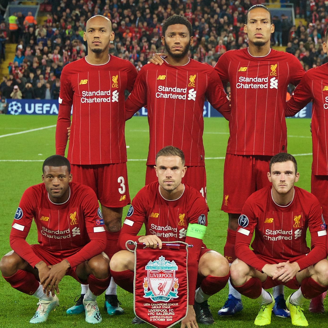 LIVERPOOL, ENGLAND - Wednesday, October 2, 2019: Liverpool players line-up for a team group photograph before the UEFA Champions League Group E match between Liverpool FC and FC Salzburg at Anfield. Back row L-R: Fabio Henrique Tavares 'Fabinho', Joe Gomez, Virgil van Dijk, Roberto Firmino, goalkeeper Adrián San Miguel del Castillo, Mohamed Salah. Front row L-R: Georginio Wijnaldum, captain Jordan Henderson, Andy Robertson, Trent Alexander-Arnold, Sadio Mane. (Pic by David Rawcliffe/Propaganda)