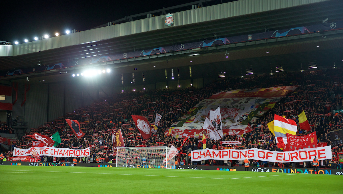 LIVERPOOL, ENGLAND - Wednesday, October 2, 2019: Liverpool supporters on the Spion Kop with a banner "We are the Champions, Champions of Europe" during the UEFA Champions League Group E match between Liverpool FC and FC Salzburg at Anfield. (Pic by David Rawcliffe/Propaganda)