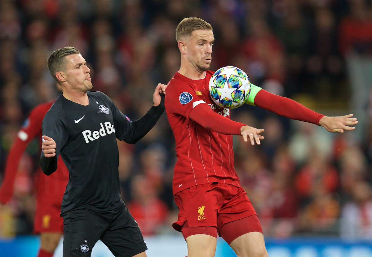 LIVERPOOL, ENGLAND - Wednesday, October 2, 2019: Liverpool's captain Jordan Henderson during the UEFA Champions League Group E match between Liverpool FC and FC Salzburg at Anfield. (Pic by David Rawcliffe/Propaganda)