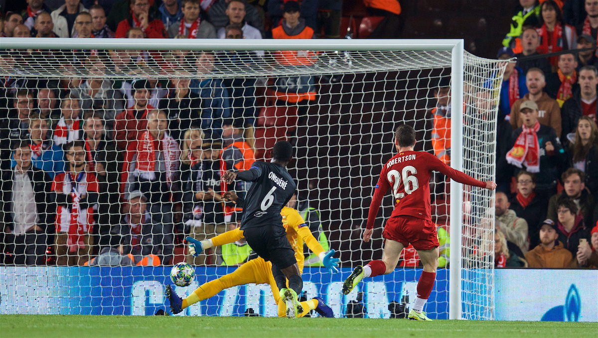 LIVERPOOL, ENGLAND - Wednesday, October 2, 2019: Liverpool's Andy Robertson scores the second goal during the UEFA Champions League Group E match between Liverpool FC and FC Salzburg at Anfield. (Pic by David Rawcliffe/Propaganda)