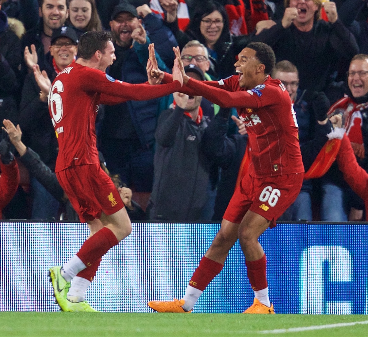 LIVERPOOL, ENGLAND - Wednesday, October 2, 2019: Liverpool's Andy Robertson (L) celebrates scoring the second goal with team-mate Trent Alexander-Arnold during the UEFA Champions League Group E match between Liverpool FC and FC Salzburg at Anfield. (Pic by David Rawcliffe/Propaganda)