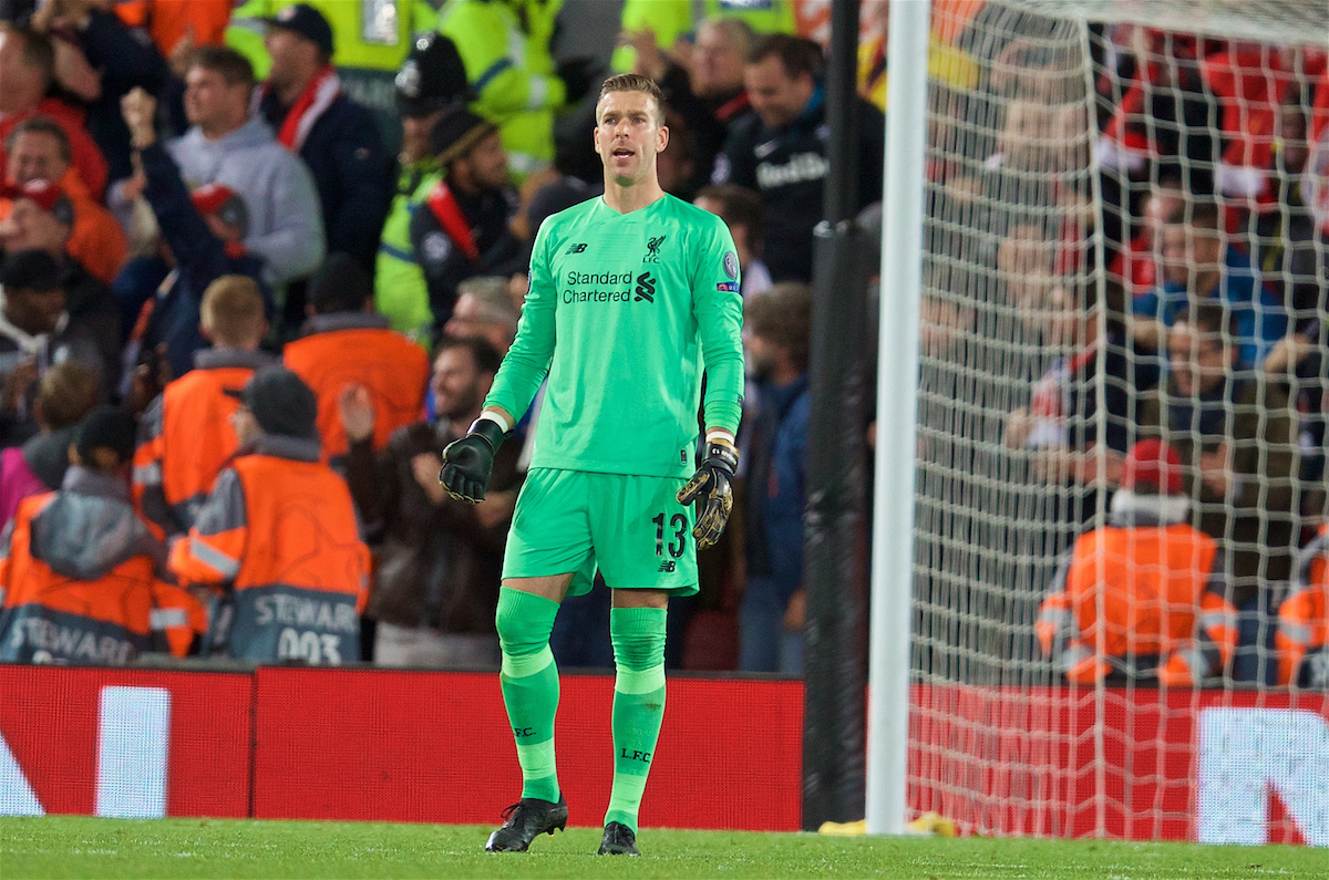 LIVERPOOL, ENGLAND - Wednesday, October 2, 2019: Liverpool's goalkeeper Adrián San Miguel del Castillo looks dejected as FC Salzburg score a third goal to equalise and level the score at 3-3 during the UEFA Champions League Group E match between Liverpool FC and FC Salzburg at Anfield. (Pic by David Rawcliffe/Propaganda)