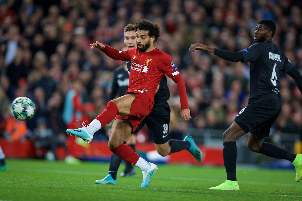 LIVERPOOL, ENGLAND - Wednesday, October 2, 2019: Liverpool's Mohamed Salah scores the fourth goal during the UEFA Champions League Group E match between Liverpool FC and FC Salzburg at Anfield. (Pic by David Rawcliffe/Propaganda)