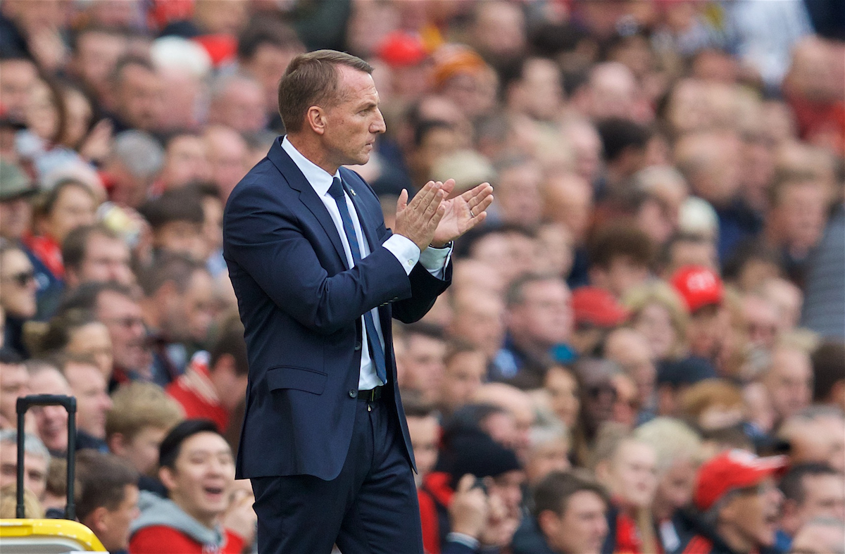 LIVERPOOL, ENGLAND - Saturday, October 5, 2019: Leicester City's manager Brendan Rodgers during the FA Premier League match between Liverpool FC and Leicester City FC at Anfield. (Pic by David Rawcliffe/Propaganda)