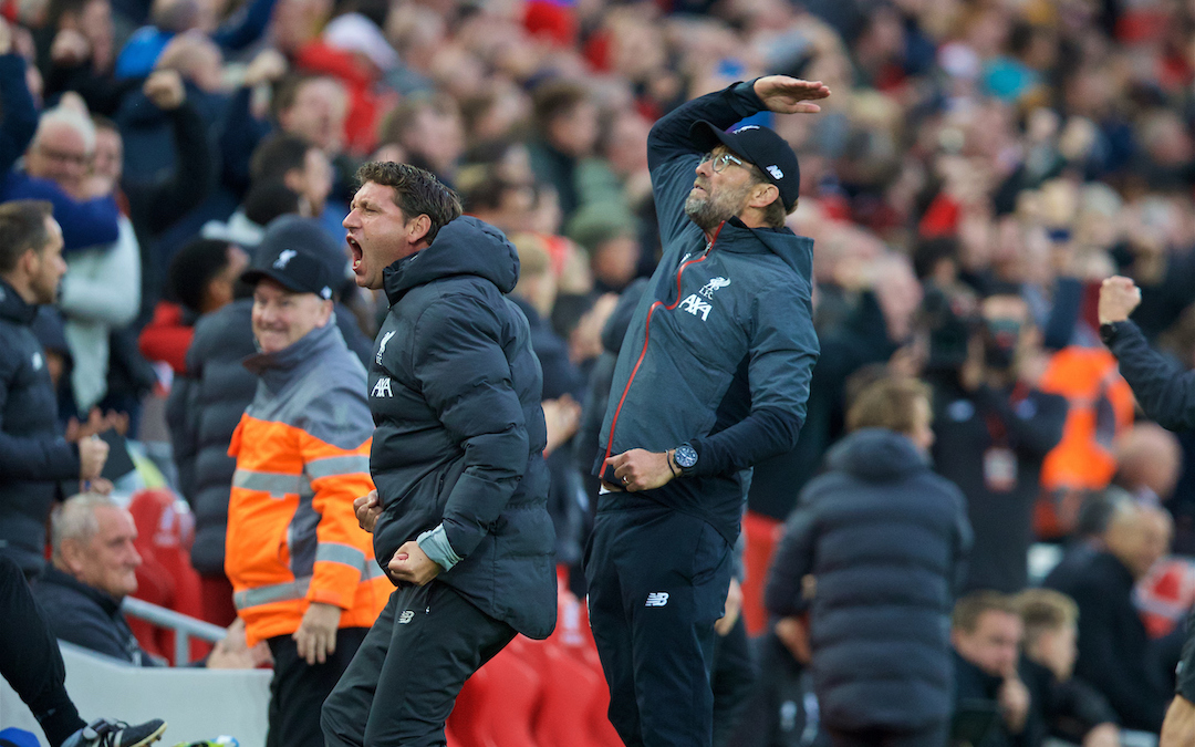LIVERPOOL, ENGLAND - Saturday, October 5, 2019: Liverpool's manager Jürgen Klopp celebrates the winning second goal, an injury time penalty, during the FA Premier League match between Liverpool FC and Leicester City FC at Anfield. Liverpool won 2-1. (Pic by David Rawcliffe/Propaganda)