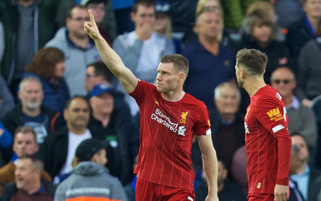 LIVERPOOL, ENGLAND - Saturday, October 5, 2019: Liverpool's James Milner celebrates after scoring the winning second goal, an injury time penalty, during the FA Premier League match between Liverpool FC and Leicester City FC at Anfield. Liverpool won 2-1. (Pic by David Rawcliffe/Propaganda)