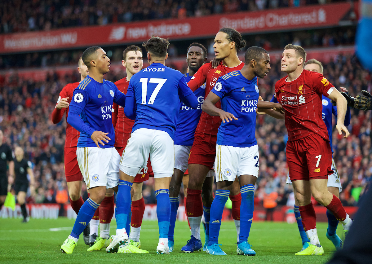 LIVERPOOL, ENGLAND - Saturday, October 5, 2019: Leicester City's Ayoze Pérez clashes with Liverpool's Andy Robertson and Virgil van Dijk at the final whistle during the FA Premier League match between Liverpool FC and Leicester City FC at Anfield. Liverpool won 2-1. (Pic by David Rawcliffe/Propaganda)