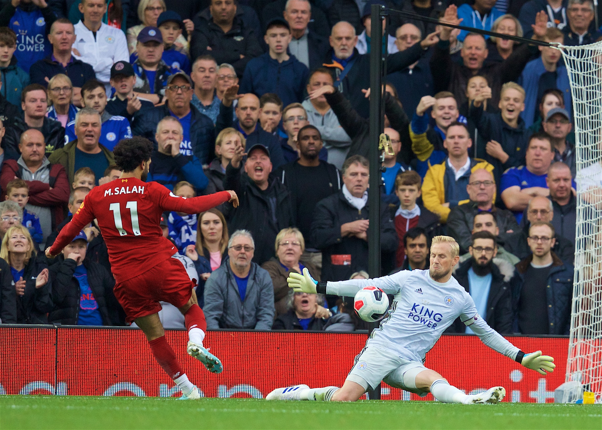LIVERPOOL, ENGLAND - Saturday, October 5, 2019: Leicester City's goalkeeper Kasper Schmeichel makes a save from Liverpool's Mohamed Salah during the FA Premier League match between Liverpool FC and Leicester City FC at Anfield. (Pic by David Rawcliffe/Propaganda)