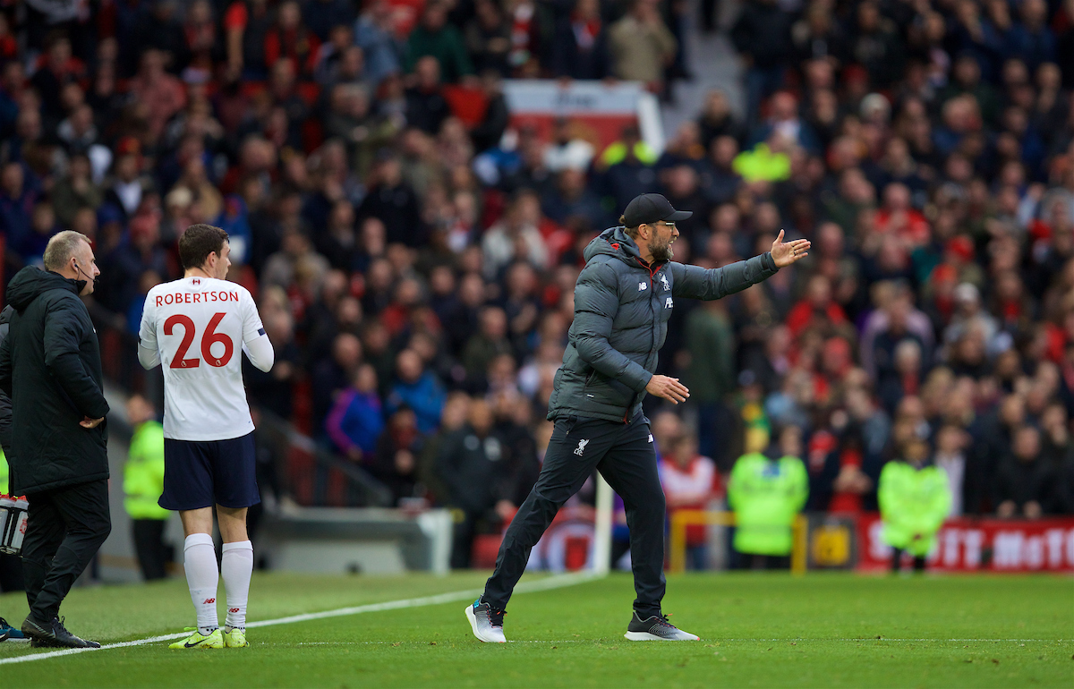 MANCHESTER, ENGLAND - Saturday, October 19, 2019: Liverpool's manager Jürgen Klopp reacts after Manchester United's opening goal during the FA Premier League match between Manchester United FC and Liverpool FC at Old Trafford. (Pic by David Rawcliffe/Propaganda)