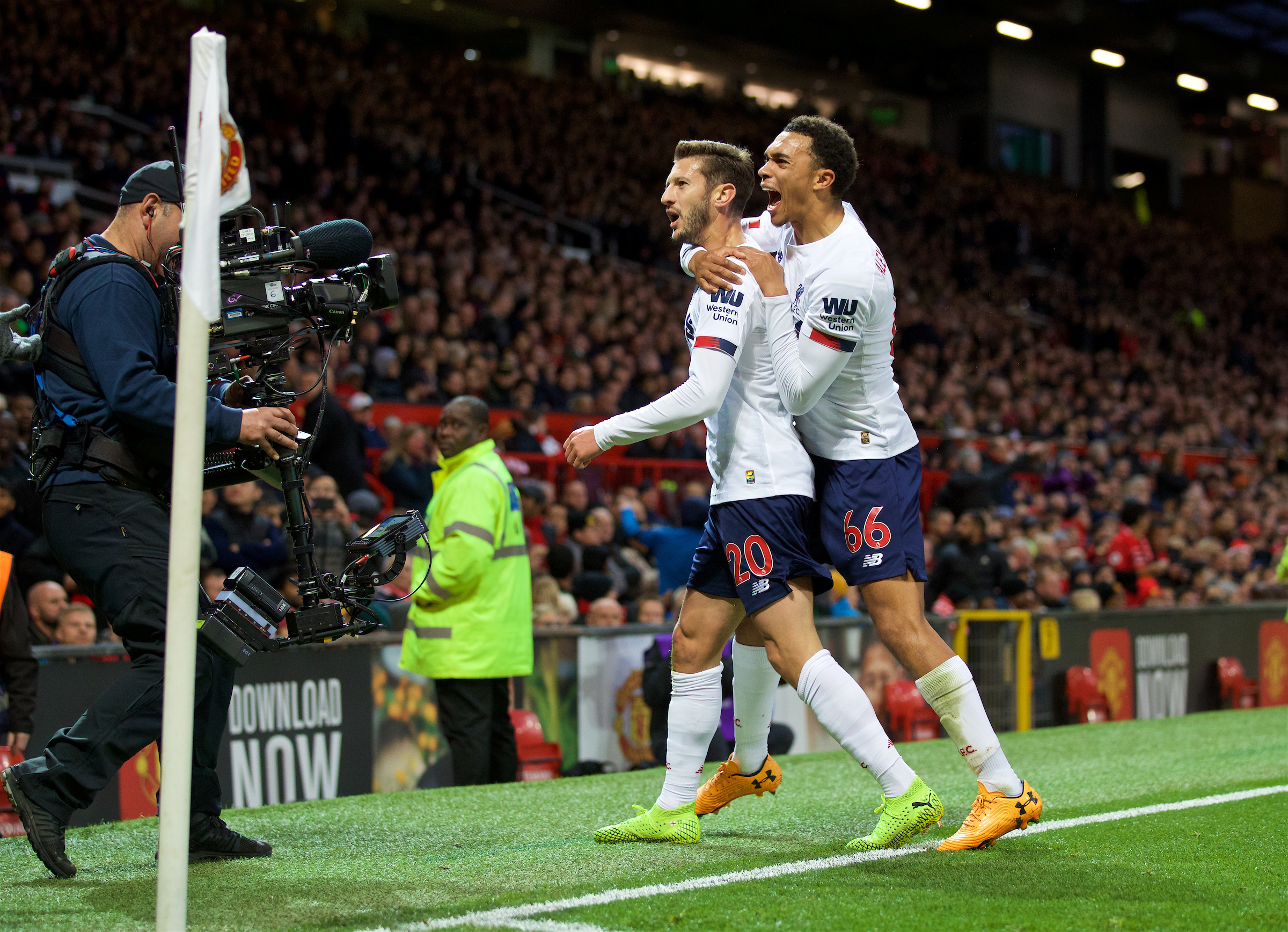 MANCHESTER, ENGLAND - Saturday, October 19, 2019: Liverpool's Adam Lallana celebrates scoring a late equalising goal to level the score 1-1 during the FA Premier League match between Manchester United FC and Liverpool FC at Old Trafford. (Pic by David Rawcliffe/Propaganda)