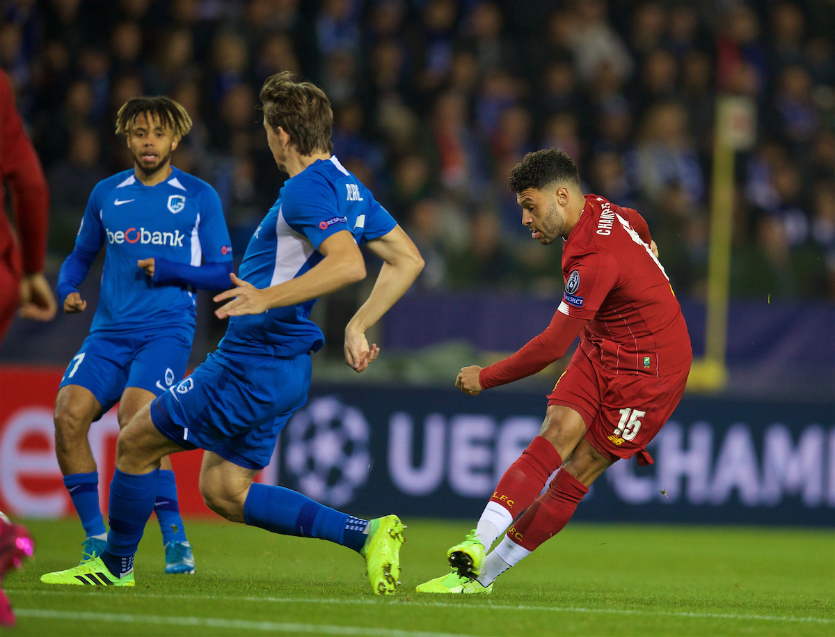GENK, BELGIUM - Wednesday, October 23, 2019: Liverpool's Alex Oxlade-Chamberlain scores the first goal during the UEFA Champions League Group E match between KRC Genk and Liverpool FC at the KRC Genk Arena. (Pic by David Rawcliffe/Propaganda)