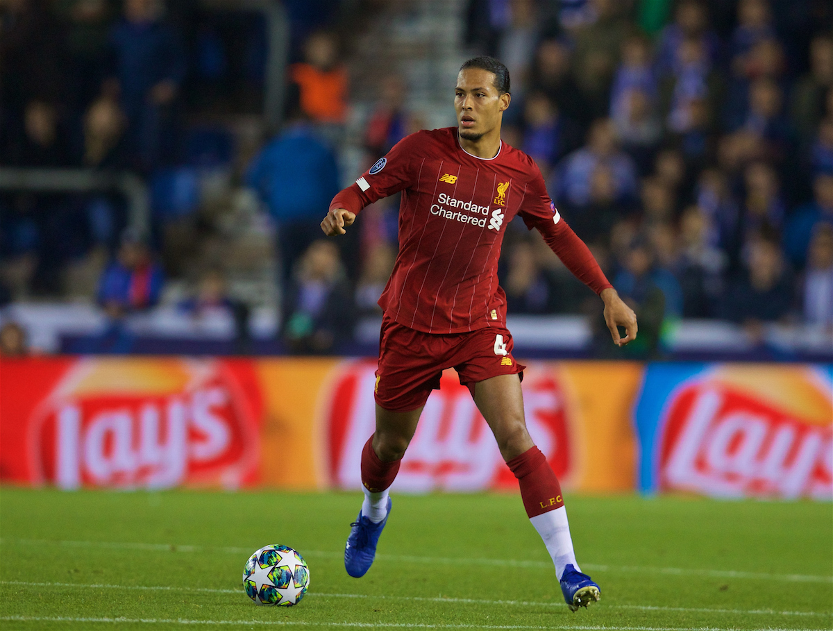 GENK, BELGIUM - Wednesday, October 23, 2019: Liverpool's Virgil van Dijk during the UEFA Champions League Group E match between KRC Genk and Liverpool FC at the KRC Genk Arena. (Pic by David Rawcliffe/Propaganda)