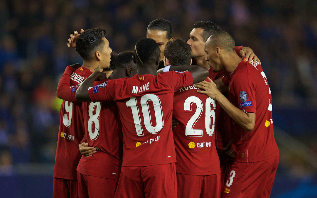 GENK, BELGIUM - Wednesday, October 23, 2019: Liverpool players celebrate with Alex Oxlade-Chamberlain after he scored the opening goal during the UEFA Champions League Group E match between KRC Genk and Liverpool FC at the KRC Genk Arena. (Pic by David Rawcliffe/Propaganda)