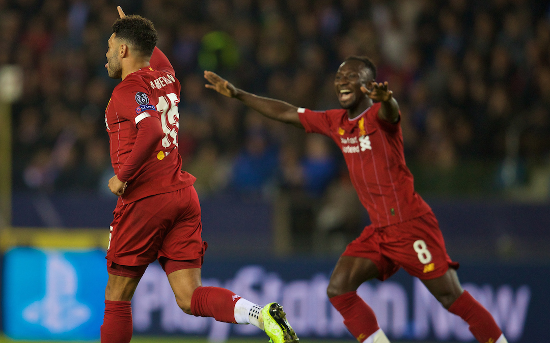 GENK, BELGIUM - Wednesday, October 23, 2019: Liverpool's Alex Oxlade-Chamberlain celebrates scoring the second goal during the UEFA Champions League Group E match between KRC Genk and Liverpool FC at the KRC Genk Arena. (Pic by David Rawcliffe/Propaganda)