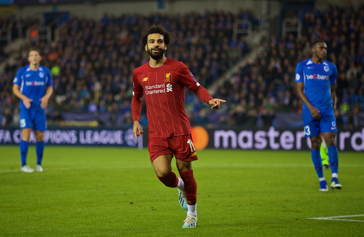 GENK, BELGIUM - Wednesday, October 23, 2019: Liverpool's Mohamed Salah celebrates scoring the fourth goal during the UEFA Champions League Group E match between KRC Genk and Liverpool FC at the KRC Genk Arena. (Pic by David Rawcliffe/Propaganda)