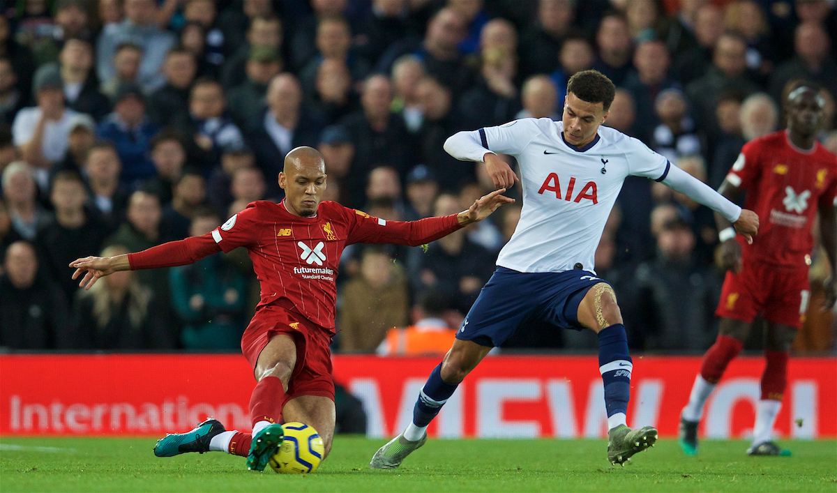 LIVERPOOL, ENGLAND - Sunday, October 27, 2019: Liverpool's Fabio Henrique Tavares 'Fabinho' (L) and Tottenham Hotspur's Dele Alli during the FA Premier League match between Liverpool FC and Tottenham Hotspur FC at Anfield. (Pic by David Rawcliffe/Propaganda)