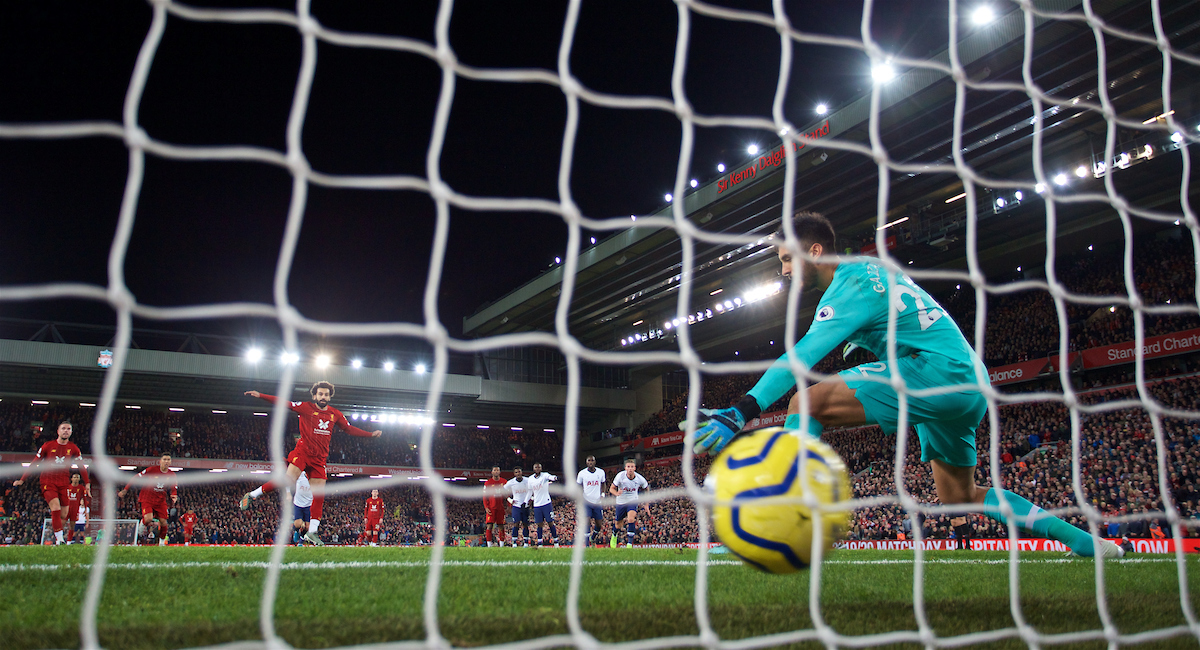 LIVERPOOL, ENGLAND - Sunday, October 27, 2019: Liverpool's Mohamed Salah scores the winning second goal from a penalty kick past Tottenham Hotspur's goalkeeper Paulo Gazzaniga during the FA Premier League match between Liverpool FC and Tottenham Hotspur FC at Anfield. Liverpool won 2-1. (Pic by David Rawcliffe/Propaganda)