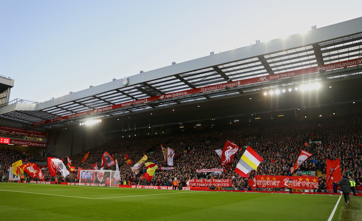 LIVERPOOL, ENGLAND - Sunday, October 27, 2019: Liverpool supporters on the Spion Kop before the FA Premier League match between Liverpool FC and Tottenham Hotspur FC at Anfield. (Pic by David Rawcliffe/Propaganda)