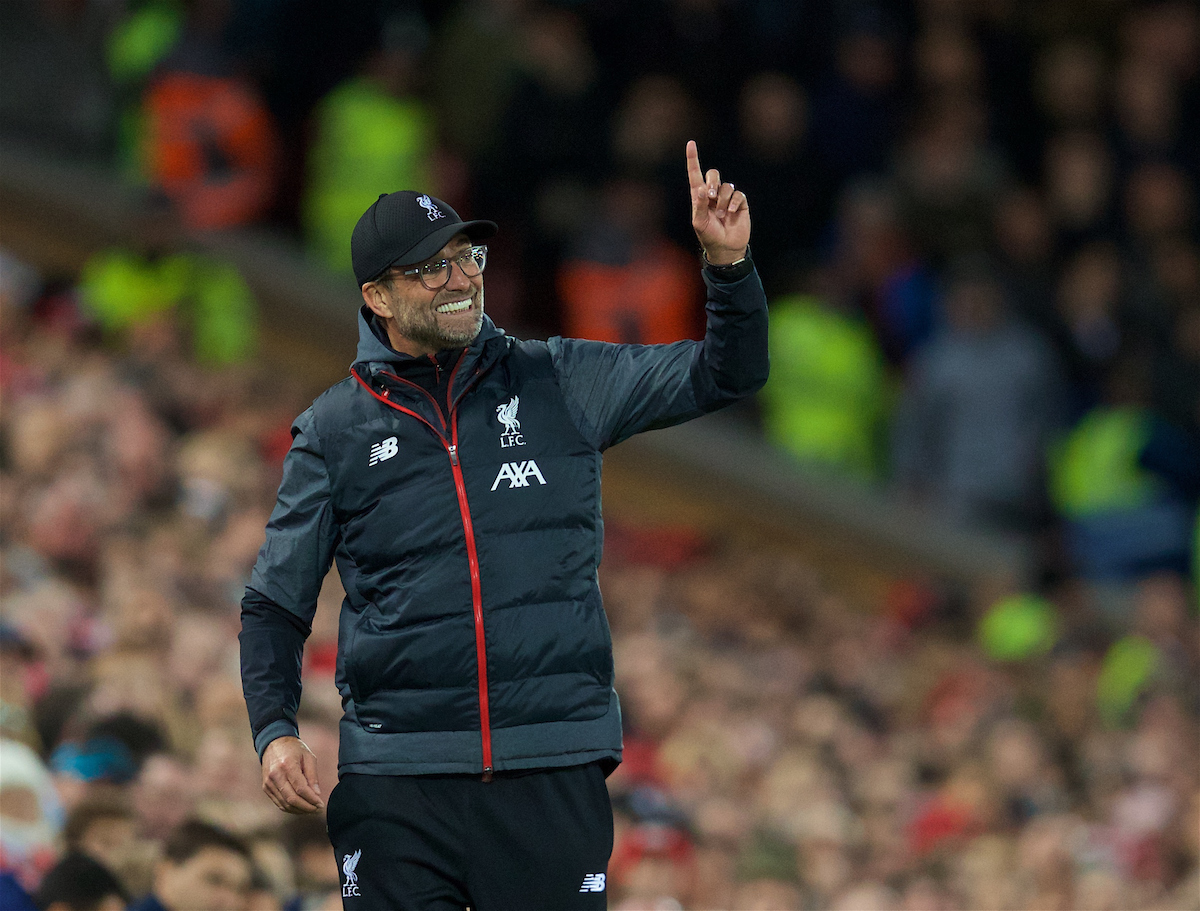 LIVERPOOL, ENGLAND - Sunday, October 27, 2019: Liverpool's manager Jürgen Klopp points to the sky during the FA Premier League match between Liverpool FC and Tottenham Hotspur FC at Anfield. (Pic by David Rawcliffe/Propaganda)