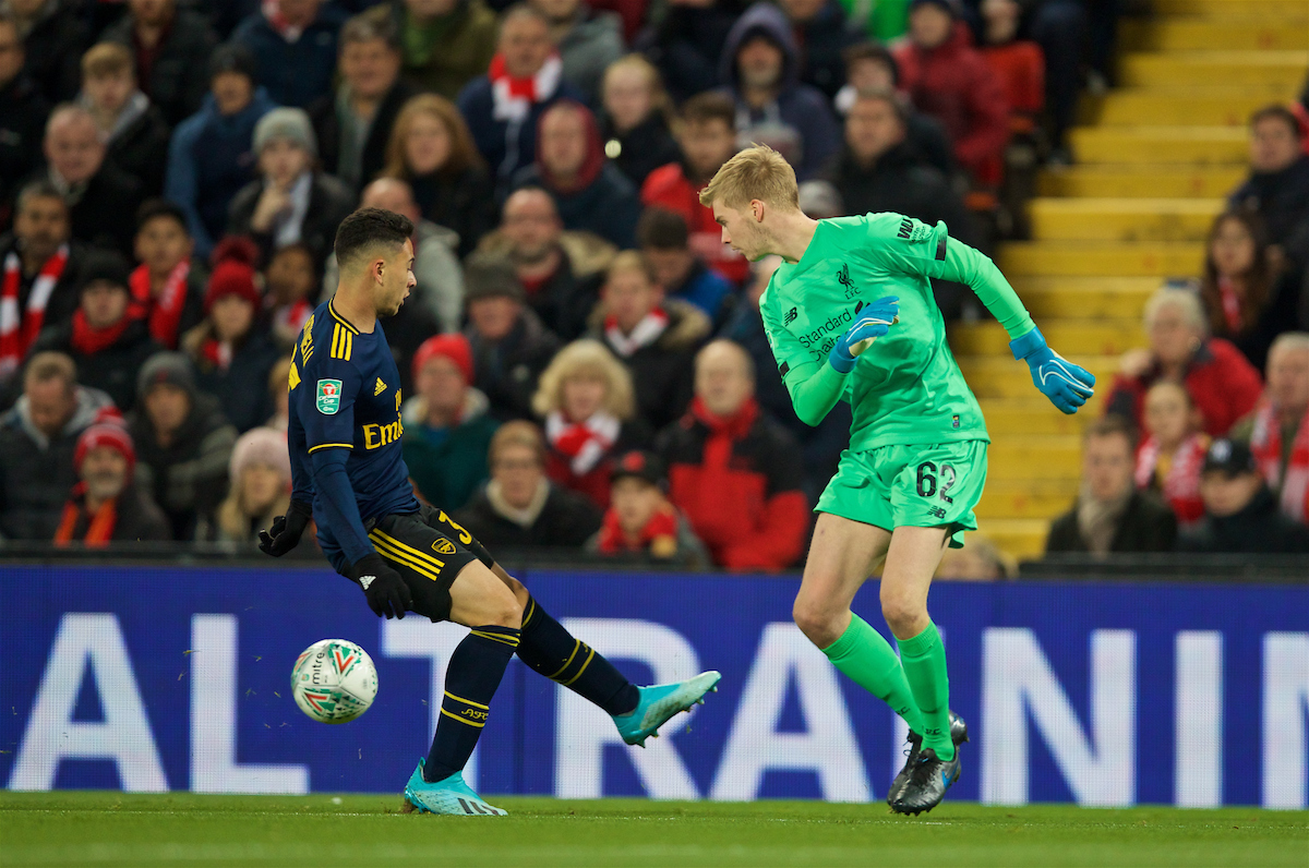 LIVERPOOL, ENGLAND - Wednesday, October 30, 2019: Liverpool's goalkeeper Caoimhin Kelleher and Arsenal's Gabriel Martinelli during the Football League Cup 4th Round match between Liverpool FC and Arsenal FC at Anfield. (Pic by David Rawcliffe/Propaganda)
