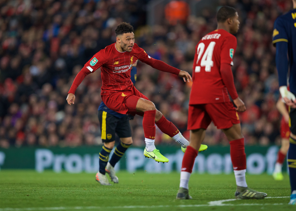 LIVERPOOL, ENGLAND - Wednesday, October 30, 2019: Liverpool's Alex Oxlade-Chamberlain scores the third goal during the Football League Cup 4th Round match between Liverpool FC and Arsenal FC at Anfield. (Pic by David Rawcliffe/Propaganda)