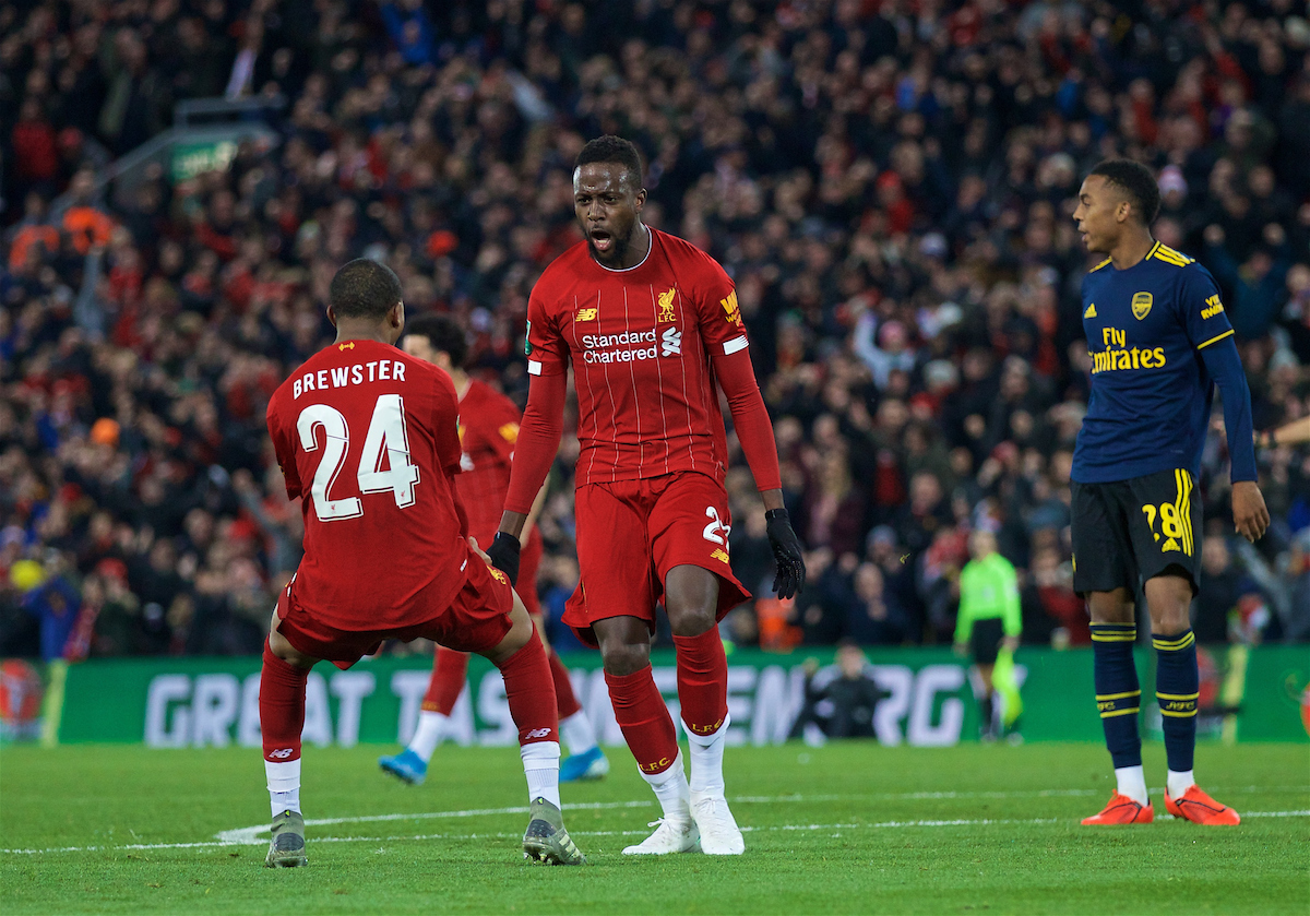 LIVERPOOL, ENGLAND - Wednesday, October 30, 2019: Liverpool's Divock Origi celebrates scoring the fourth goal, to level the score at 4-4, during the Football League Cup 4th Round match between Liverpool FC and Arsenal FC at Anfield. (Pic by David Rawcliffe/Propaganda)