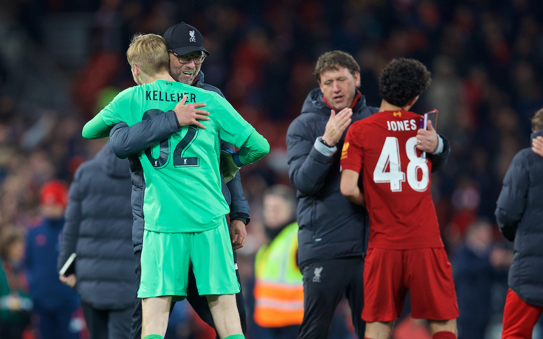 LIVERPOOL, ENGLAND - Wednesday, October 30, 2019: Liverpool's manager Jürgen Klopp celebrates with goalkeeper Caoimhin Kelleher after the Football League Cup 4th Round match between Liverpool FC and Arsenal FC at Anfield. Liverpool won 5-4 on penalties after a 5-5 draw. (Pic by David Rawcliffe/Propaganda)