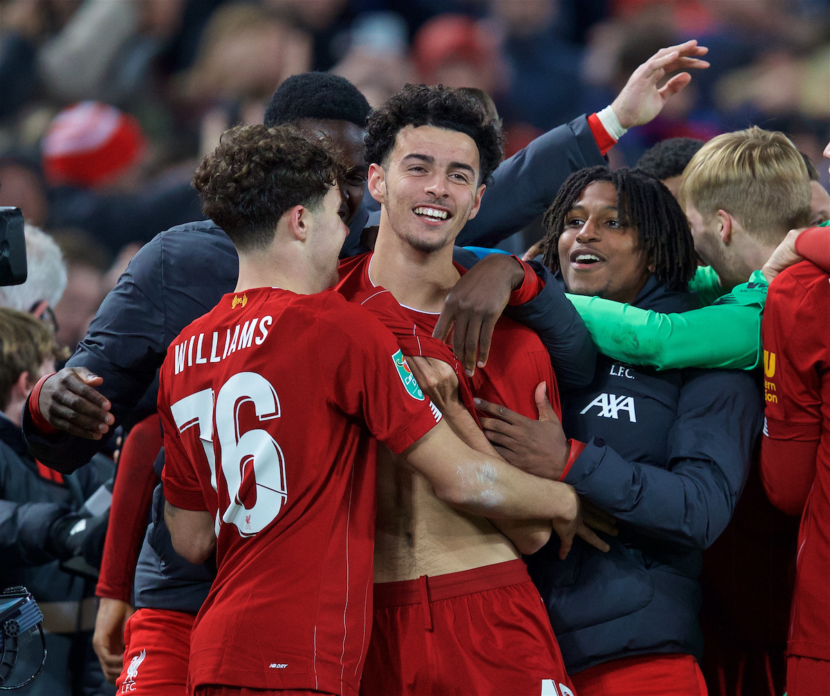 LIVERPOOL, ENGLAND - Wednesday, October 30, 2019: Liverpool's Curtis Jones (C) celebrates with team-mates after scoring the winning fifth penalty of the shoot out during the Football League Cup 4th Round match between Liverpool FC and Arsenal FC at Anfield. Liverpool won 5-4 on penalties after a 5-5 draw. (Pic by David Rawcliffe/Propaganda)