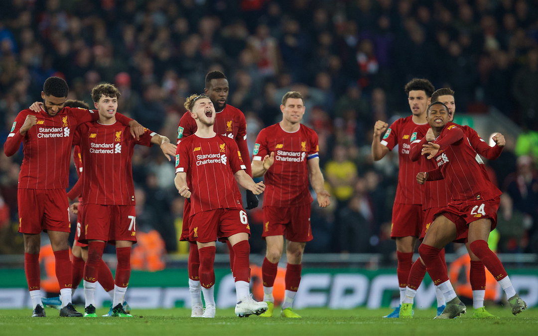 LIVERPOOL, ENGLAND - Wednesday, October 30, 2019: Liverpool players Joe Gomez, Neco Williams, Harvey Elliott, Divock Origi, James Milner, Curtis Jones and Rhian Brewster celebrate during the penalty shoot out after the Football League Cup 4th Round match between Liverpool FC and Arsenal FC at Anfield. Liverpool won 5-4 on penalties after a 5-5 draw. (Pic by David Rawcliffe/Propaganda)