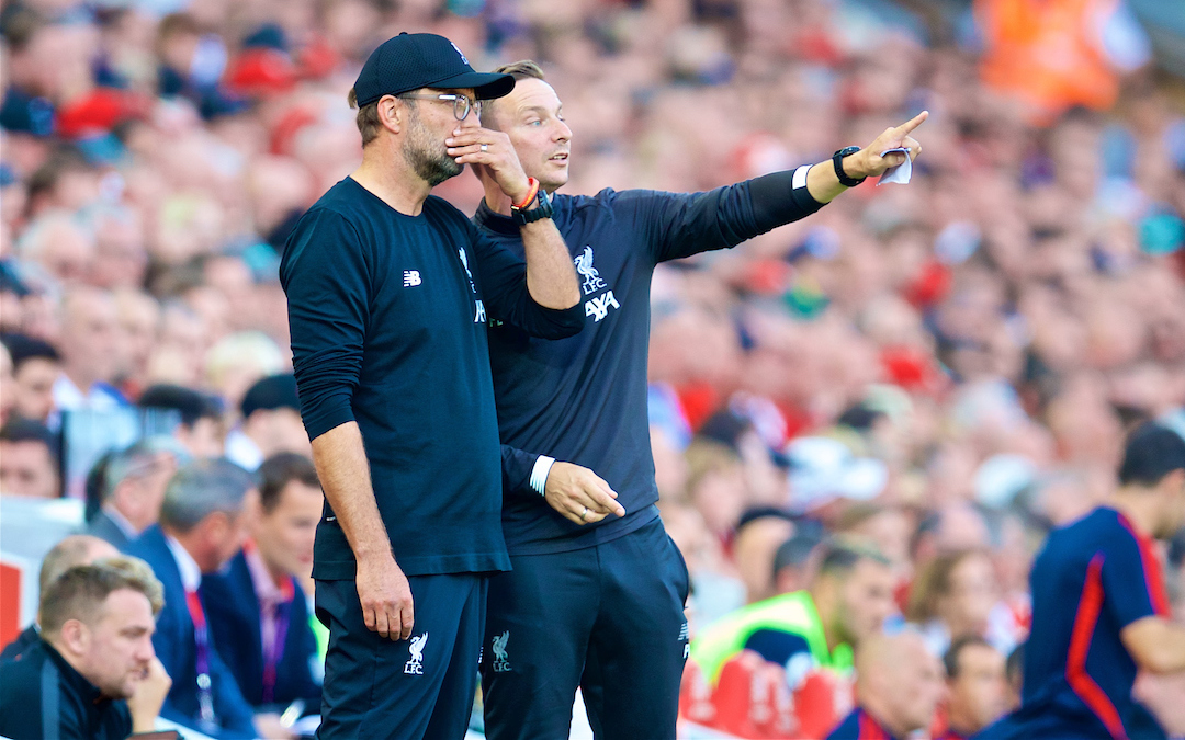 LIVERPOOL, ENGLAND - Saturday, August 24, 2019: Liverpool's manager Jürgen Klopp (L) and first-team development coach Pepijn Lijnders during the FA Premier League match between Liverpool FC and Arsenal FC at Anfield. (Pic by David Rawcliffe/Propaganda)