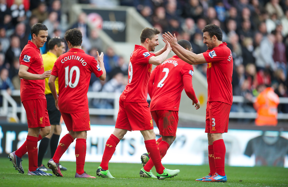 NEWCASTLE, ENGLAND - Saturday, April 27, 2013: Liverpool's Fabio Borini celebrates scoring the fifth goal against Newcastle United during the Premiership match at St James' Park. (Pic by David Rawcliffe/Propaganda)