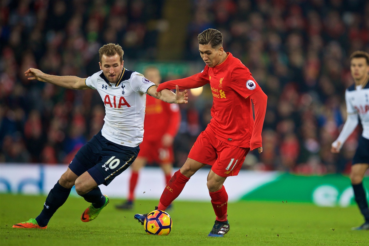 LIVERPOOL, ENGLAND - Saturday, February 11, 2017: Liverpool's Roberto Firmino in action against Tottenham Hotspur'ds Harry Kane during the FA Premier League match at Anfield. (Pic by David Rawcliffe/Propaganda)