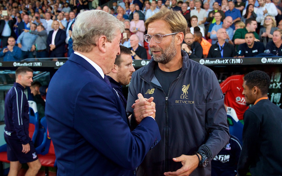 LONDON, ENGLAND - Monday, August 20, 2018: Crystal Palace's manager Roy Hodgson and manager Jürgen Klopp shake hands before the FA Premier League match between Crystal Palace and Liverpool FC at Selhurst Park. (Pic by David Rawcliffe/Propaganda)`