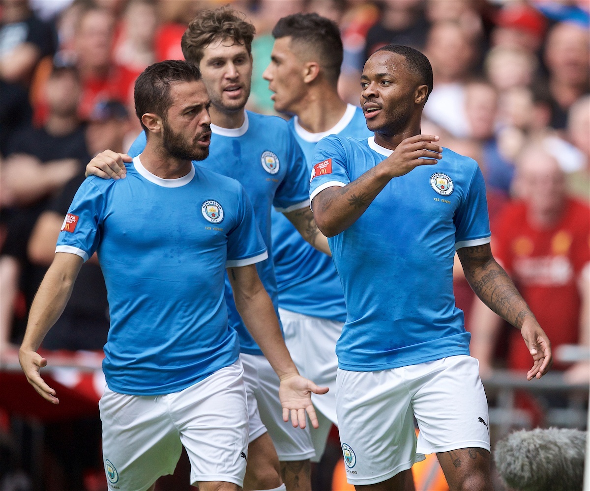 LONDON, ENGLAND - Sunday, August 4, 2019: Manchester City's Raheem Sterling celebrates scoring the first goal during the FA Community Shield match between Manchester City FC and Liverpool FC at Wembley Stadium. (Pic by David Rawcliffe/Propaganda)