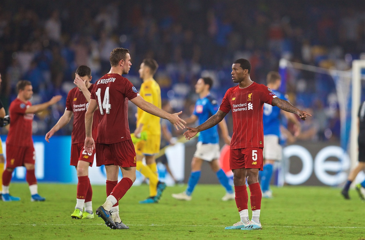 NAPLES, ITALY - Tuesday, September 17, 2019: Liverpool's captain Jordan Henderson (L) and Georginio Wijnaldum shake hands after the UEFA Champions League Group E match between SSC Napoli and Liverpool FC at the Studio San Paolo. Napoli won 2-0. (Pic by David Rawcliffe/Propaganda)