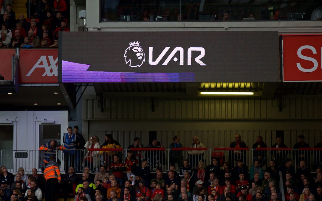 The scoreboard shows a VAR review logo during the FA Premier League match between Liverpool FC and Leicester City FC at Anfield.