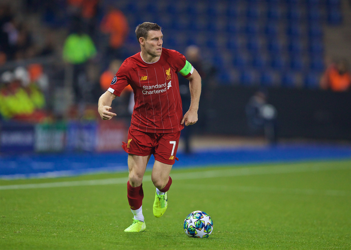 GENK, BELGIUM - Wednesday, October 23, 2019: Liverpool's captain James Milner during the UEFA Champions League Group E match between KRC Genk and Liverpool FC at the KRC Genk Arena. (Pic by David Rawcliffe/Propaganda)