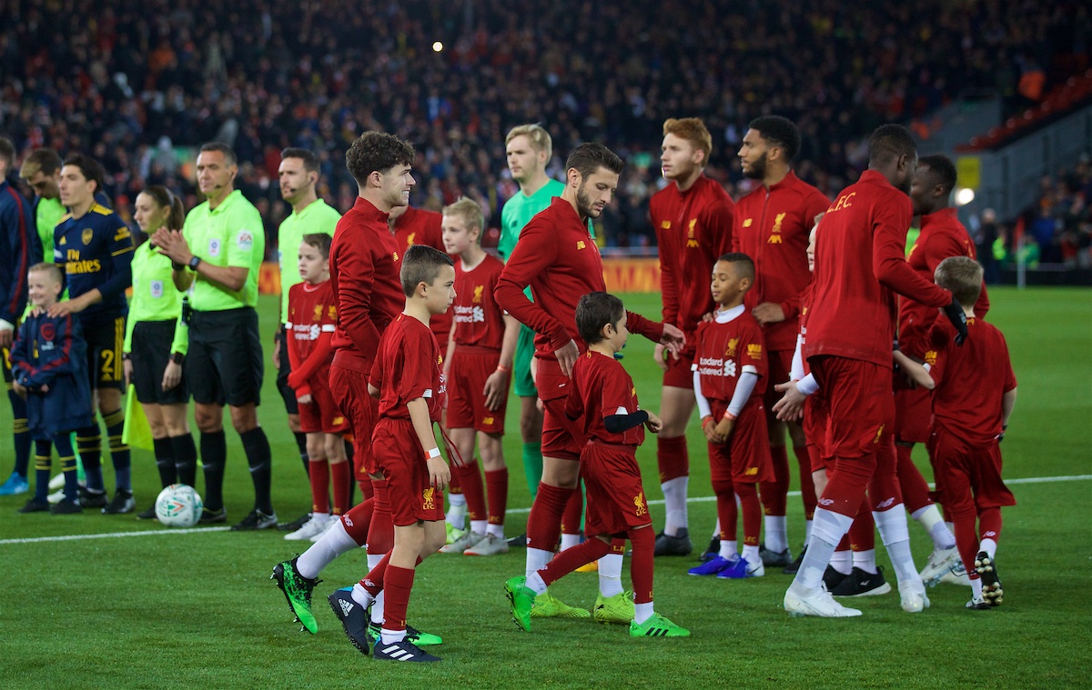 LIVERPOOL, ENGLAND - Wednesday, October 30, 2019: Liverpool's Neco Williams walks out to make his debut before the Football League Cup 4th Round match between Liverpool FC and Arsenal FC at Anfield. (Pic by David Rawcliffe/Propaganda)