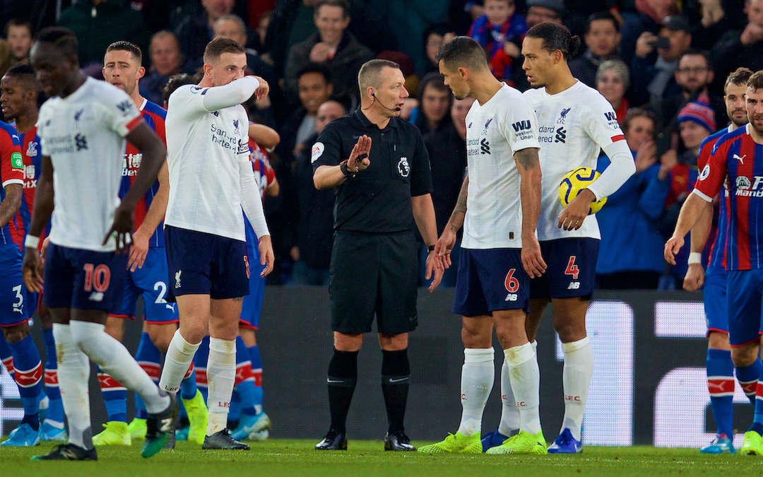 LONDON, ENGLAND - Saturday, November 23, 2019: Referee Kevin Friend waits for a VAR decision on Crystal Palace's opening goal before disallowing it during the FA Premier League match between Crystal Palace and Liverpool FC at Selhurst Park. (Pic by David Rawcliffe/Propaganda)