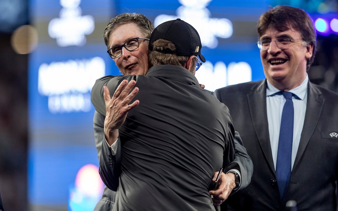 MADRID, SPAIN - SATURDAY, JUNE 1, 2019: Liverpool's manager Jürgen Klopp is embraced by owner John W Henry following a 2-0 victory in the UEFA Champions League Final match between Tottenham Hotspur FC and Liverpool FC at the Estadio Metropolitano. (Pic by Paul Greenwood/Propaganda)