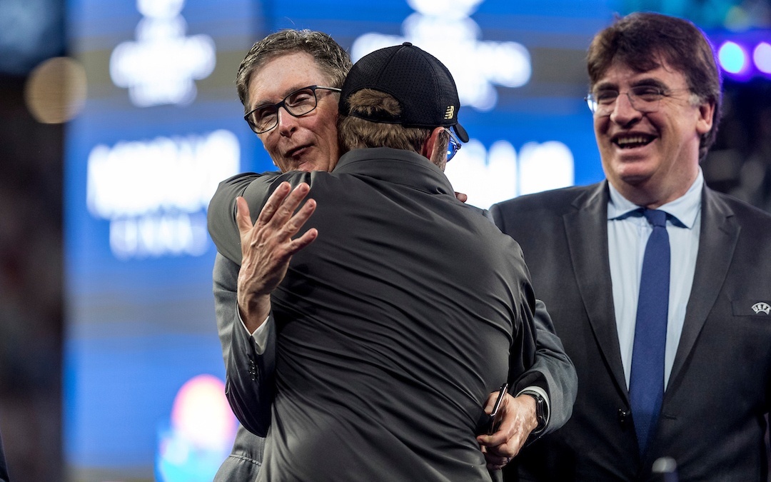 Liverpool's manager Jürgen Klopp is embraced by owner John W Henry following a 2-0 victory in the UEFA Champions League Final match between Tottenham Hotspur FC and Liverpool FC at the Estadio Metropolitano