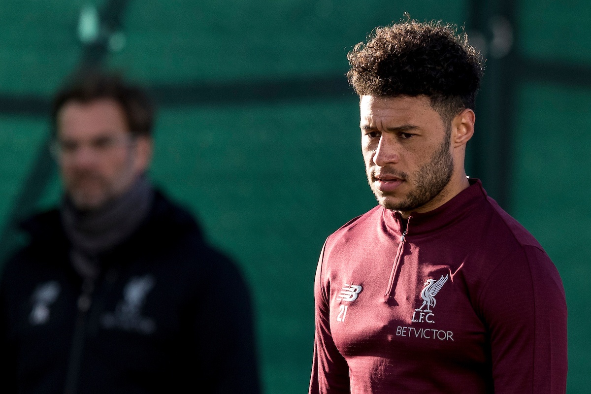 LIVERPOOL, ENGLAND - Monday, February 18, 2019: Liverpool's Alex Oxlade-Chamberlain during a training session at Melwood ahead of the UEFA Champions League Round of 16 1st Leg match between Liverpool FC and FC Bayern München. (Pic by Paul Greenwood/Propaganda)