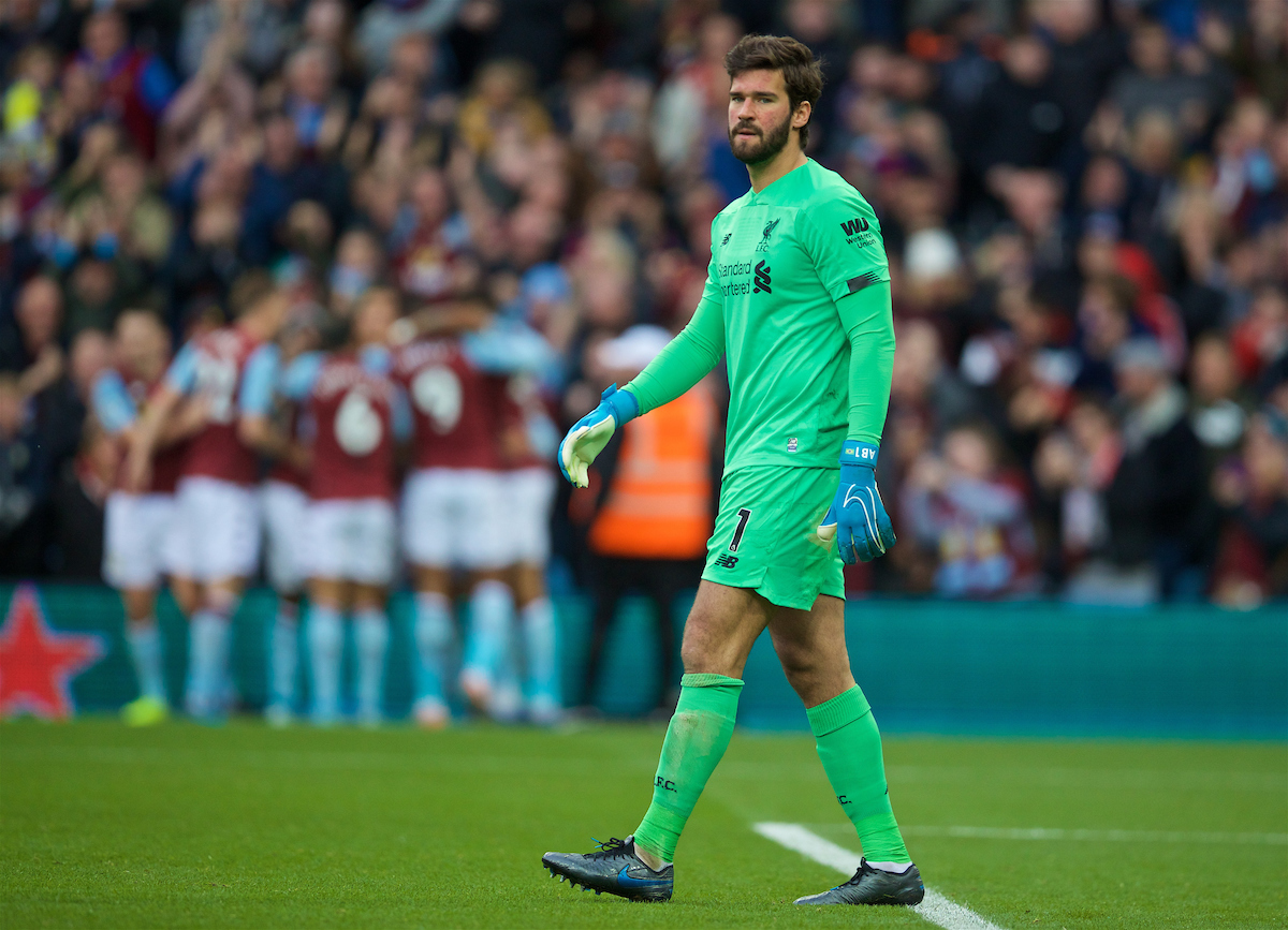 BIRMINGHAM, ENGLAND - Saturday, November 2, 2019: Liverpool's goalkeeper Alisson Becker looks dejected as Aston Villa score the opening goal during the FA Premier League match between Aston Villa FC and Liverpool FC at Villa Park. (Pic by David Rawcliffe/Propaganda)