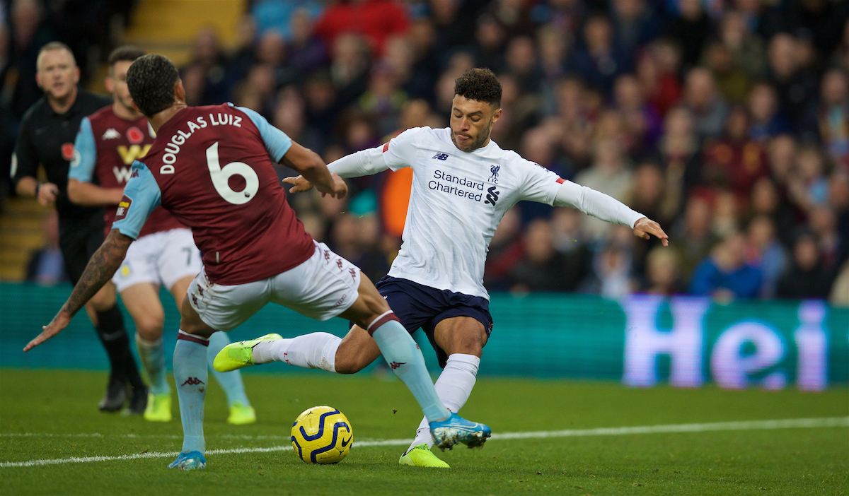 BIRMINGHAM, ENGLAND - Saturday, November 2, 2019: Liverpool's substitute Alex Oxlade-Chamberlain shoots during the FA Premier League match between Aston Villa FC and Liverpool FC at Villa Park. (Pic by David Rawcliffe/Propaganda)