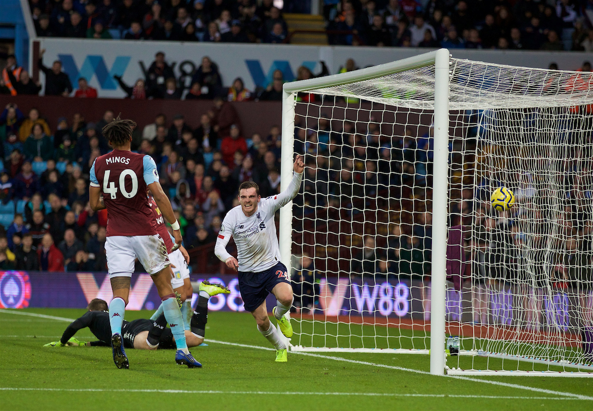 BIRMINGHAM, ENGLAND - Saturday, November 2, 2019: Liverpool's Andy Robertson celebrates scoring the first equalising goal during the FA Premier League match between Aston Villa FC and Liverpool FC at Villa Park. (Pic by David Rawcliffe/Propaganda)