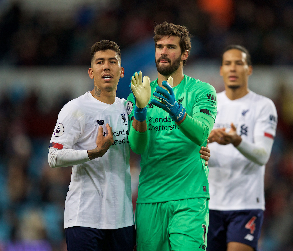 BIRMINGHAM, ENGLAND - Saturday, November 2, 2019: Liverpool's Roberto Firmino (L) and goalkeeper Alisson Becker celebrate after the FA Premier League match between Aston Villa FC and Liverpool FC at Villa Park. Liverpool won 2-1 with an injury time winning goal. (Pic by David Rawcliffe/Propaganda)