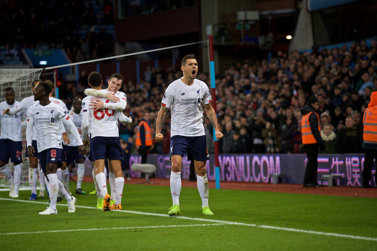 BIRMINGHAM, ENGLAND - Saturday, November 2, 2019: Liverpool's Dejan Lovren celebrates after his side's winning second goal in injury time during the FA Premier League match between Aston Villa FC and Liverpool FC at Villa Park. Liverpool won 2-1. (Pic by David Rawcliffe/Propaganda)