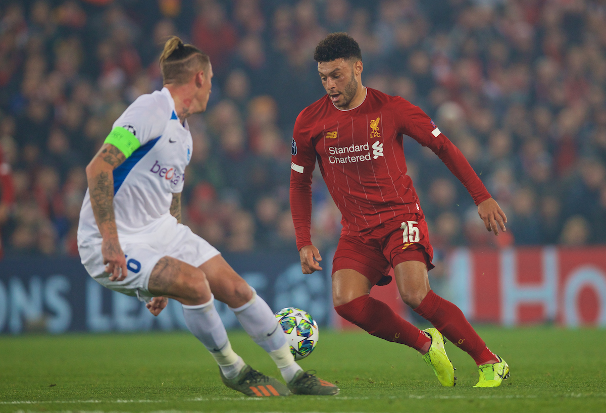 LIVERPOOL, ENGLAND - Tuesday, November 5, 2019: Liverpool's Alex Oxlade-Chamberlain during the UEFA Champions League Group E match between Liverpool FC and KRC Genk at Anfield. (Pic by Laura Malkin/Propaganda)